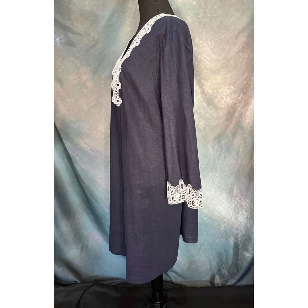 Preston & York Navy Blue Linen Blend Lace Trim Long Sleeve Midi Dress Size 16 - Picture 3 of 5